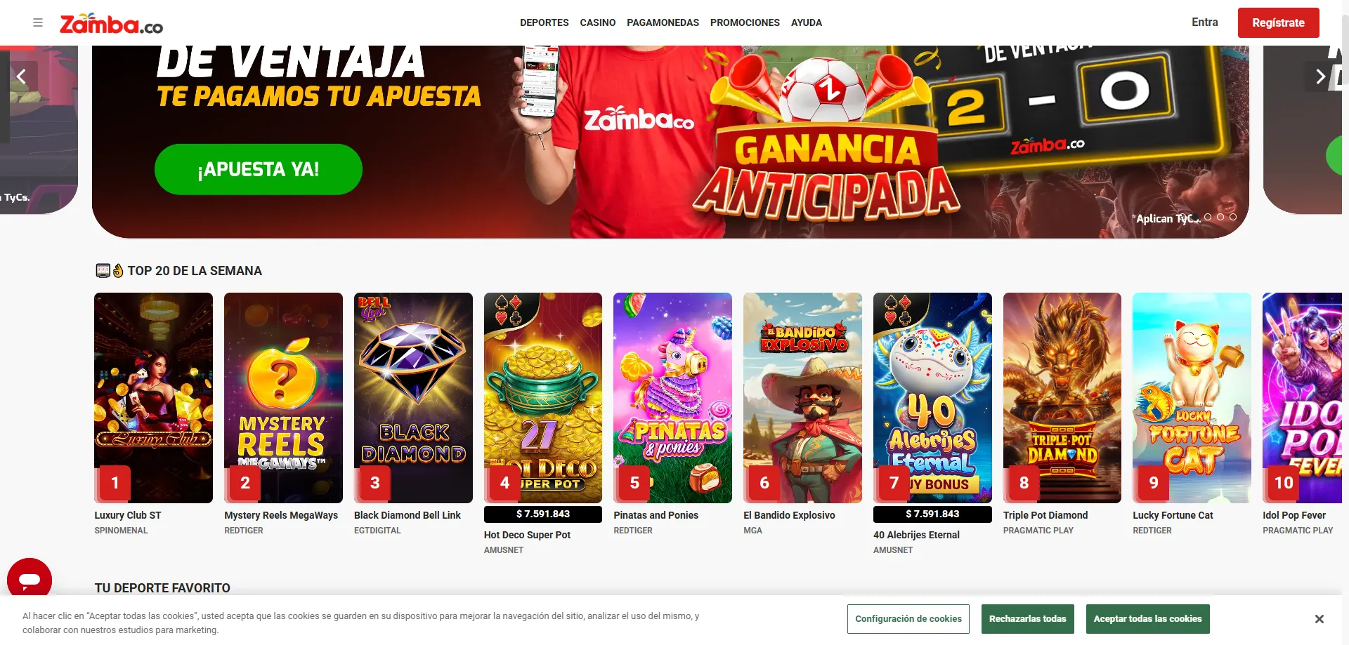 Tabla de ofertas y bonos disponibles en Zamba Casino Colombia